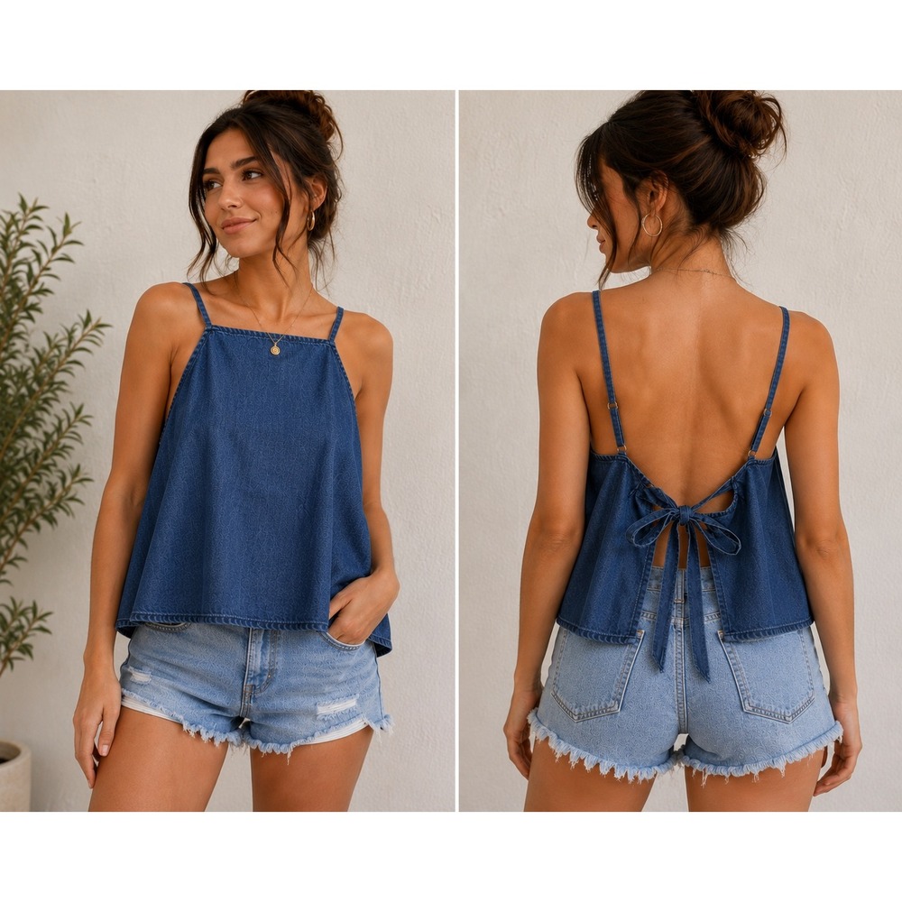 Express Denim Camisole Tank Top Womens S Blue Tie Back Halter Neck fetival Y2K - Picture 1 of 6